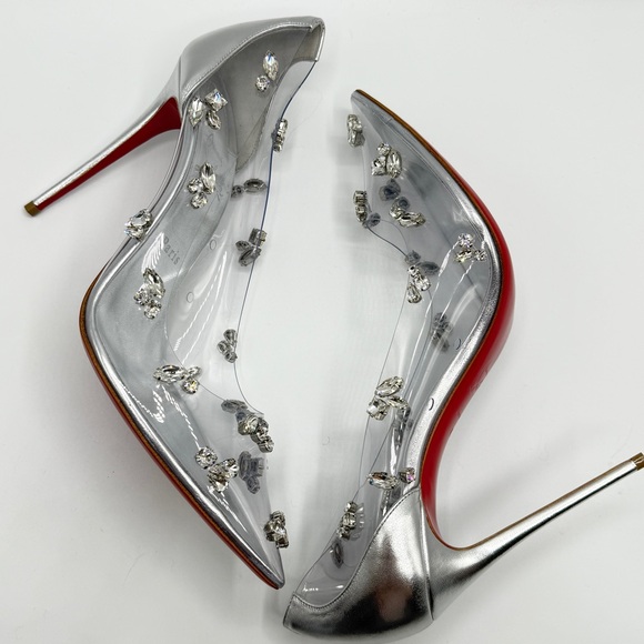 NEW Christian Louboutin Clear PVC Degraqueen Silver Metallic Leather 100 mm Heel - Picture 3 of 11
